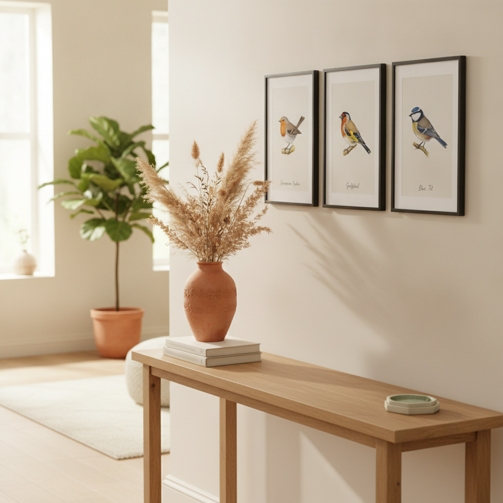 Three framed bird identification prints in an entryway gallery wall