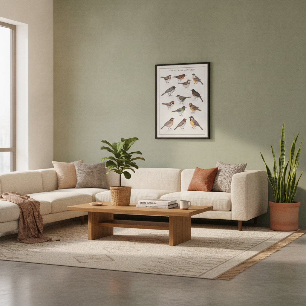 Perch & Pine lifestyle — framed bird print in a sage living room