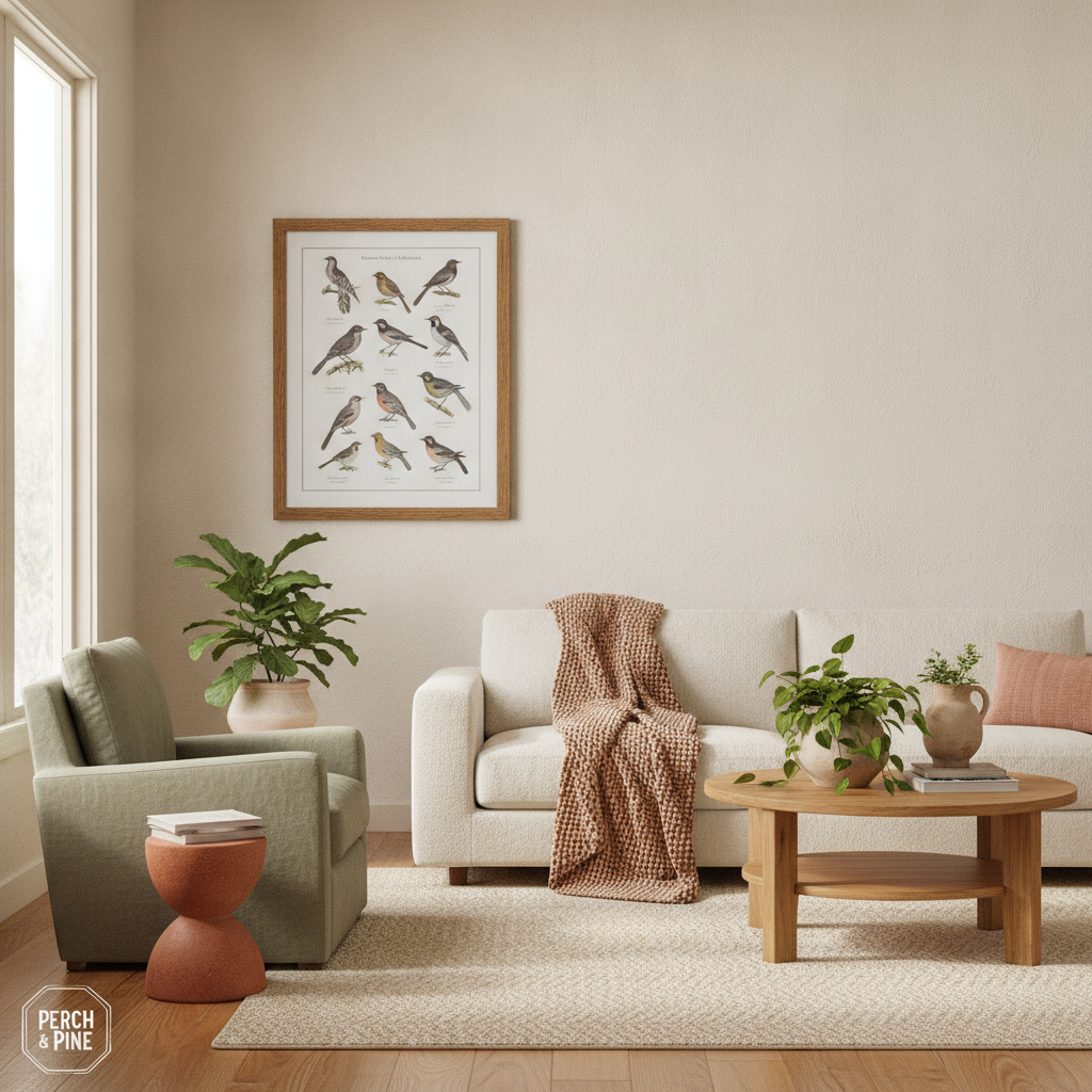Perch & Pine hero — living room with framed bird print and copy space